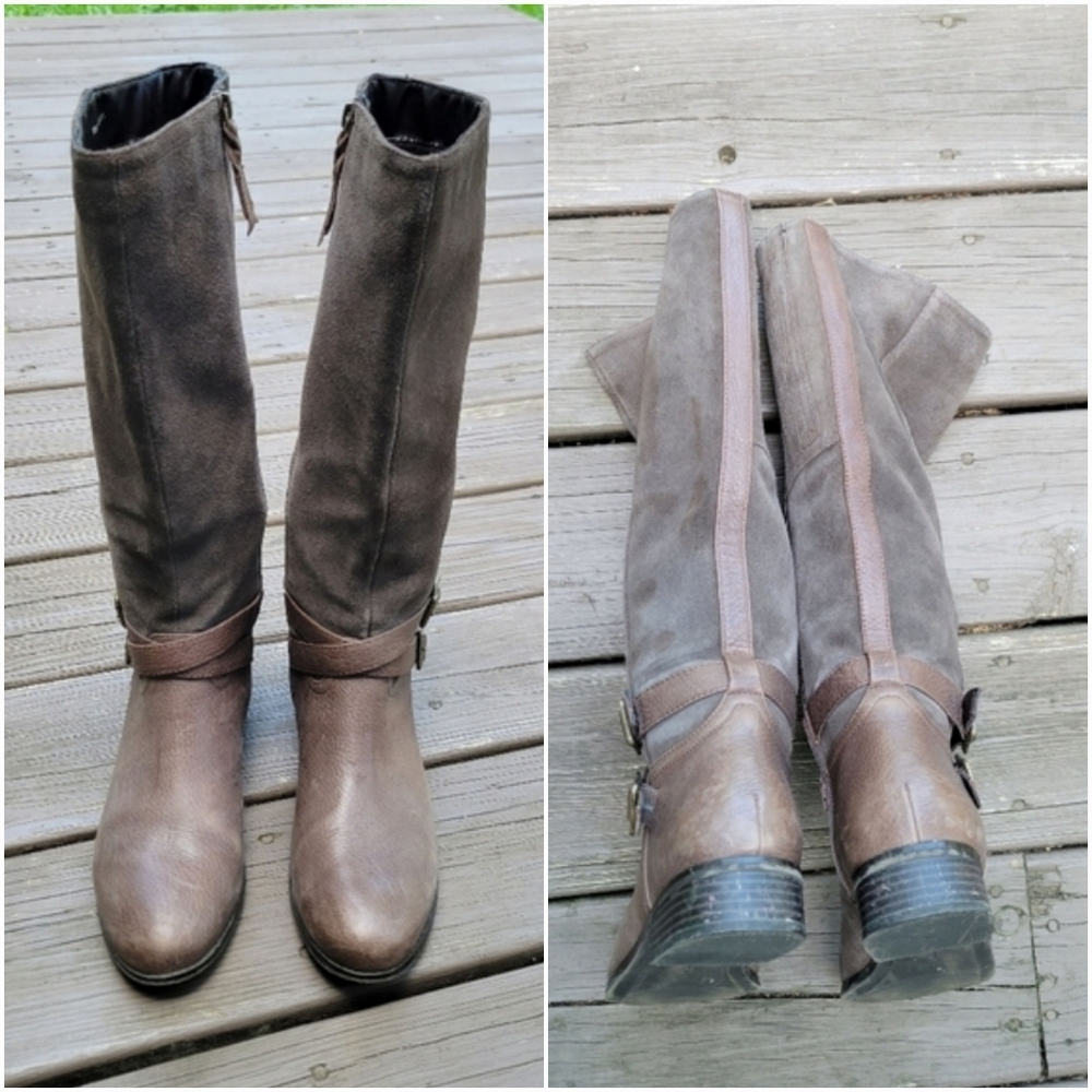 Vintage 90s y2k Brown Leather Suede Buckle Knee High Tall Equestrian Riding Boot - Picture 4 of 8